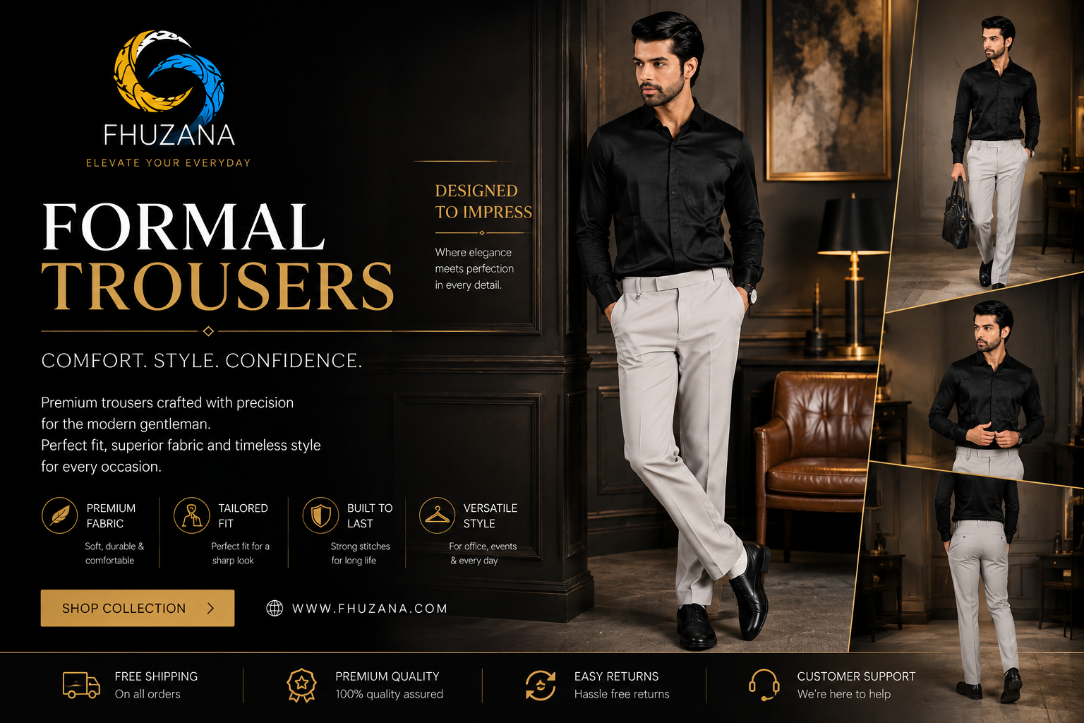 FHUZANA formal trousers campaign featuring a male model in a black shirt and light trousers in a luxurious dark interior