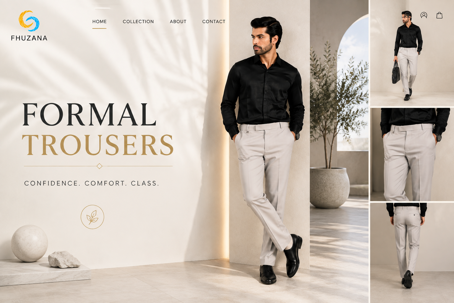 FHUZANA formal trousers featuring a male model in a black shirt and light trousers, with multiple views in a modern luxury interior