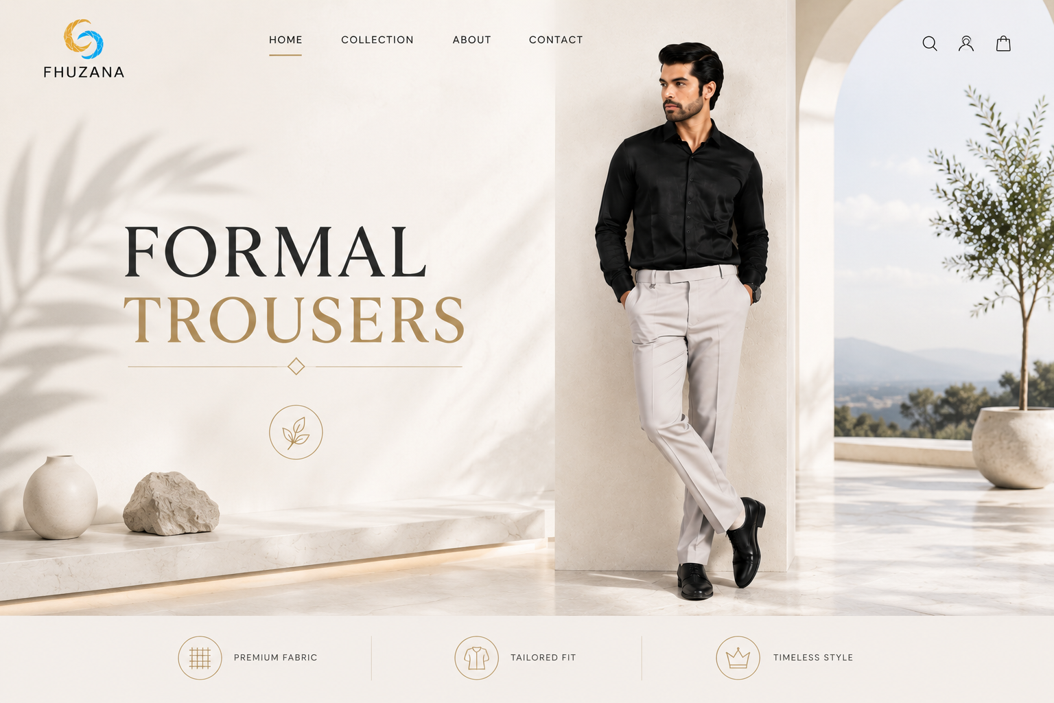A premium FHUZANA formal trousers campaign featuring a male model wearing light-coloured trousers with a black shirt in an elegant minimalist interior. The main image highlights the complete look, while additional views showcase the trousers from different angles. The design reflects FHUZANA’s sophisticated and modern formalwear aesthetic.