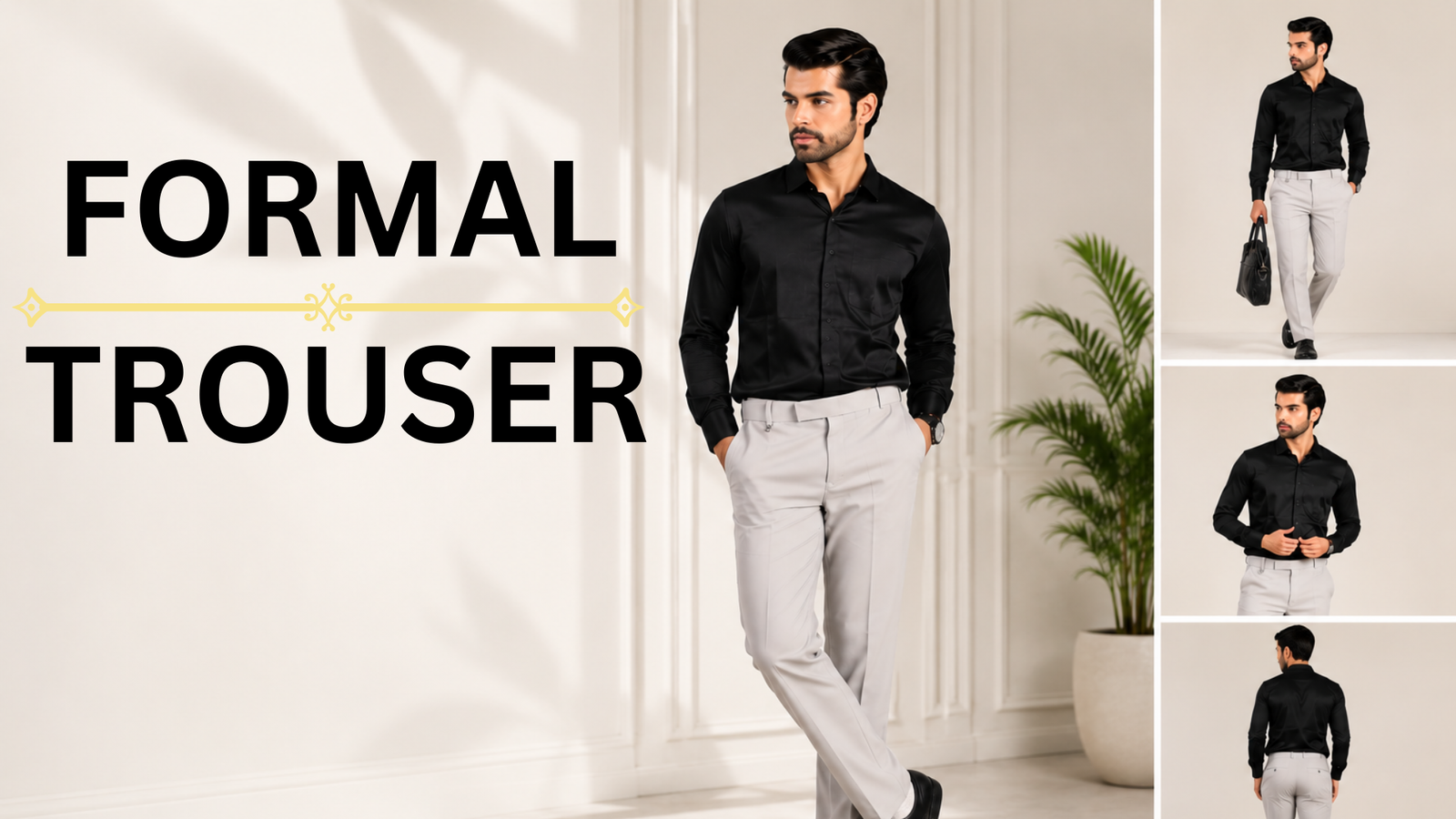 FHUZANA formal trousers showcased on a male model in a modern minimalist interior with multiple outfit views